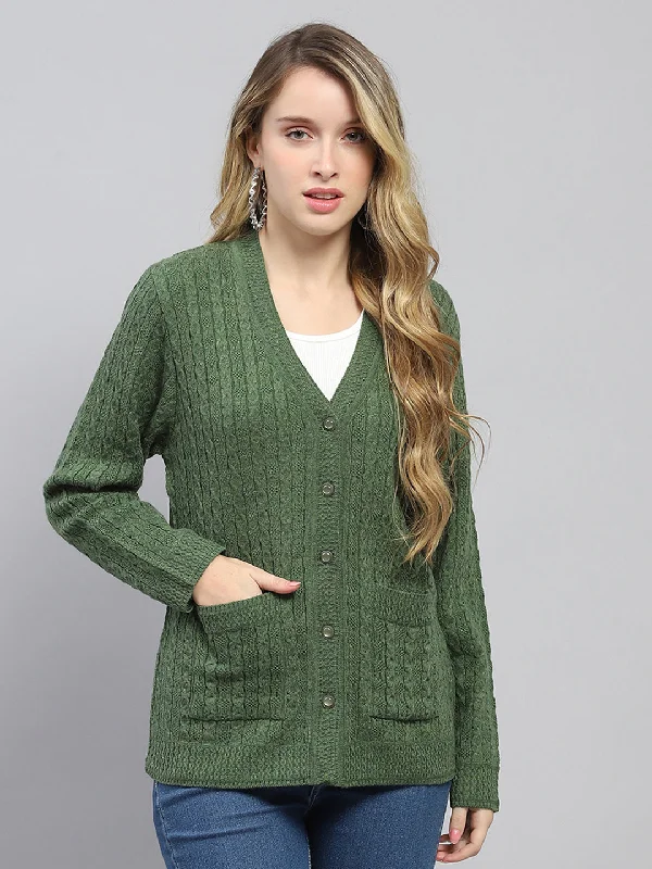 Button grey cardigan -Women Green Self Design V Neck Full Sleeve Cardigan