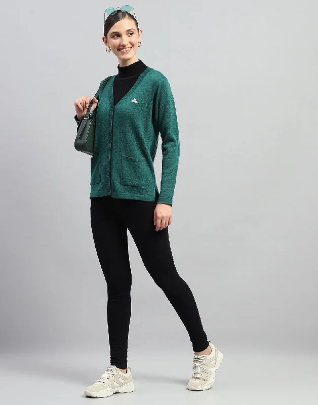 Lightweight black cardigan -Women Green Solid V Neck Full Sleeve Cardigan