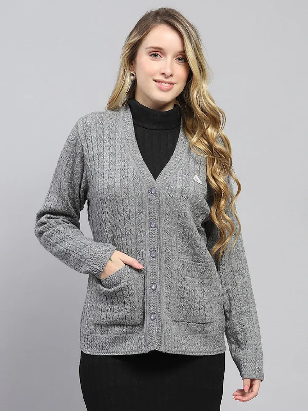 Casual black cardigan -Women Grey Self Design V Neck Full Sleeve Cardigan