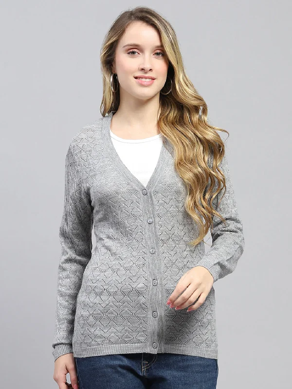 Striped black cardigan -Women Grey Self Design V Neck Full Sleeve Cardigan