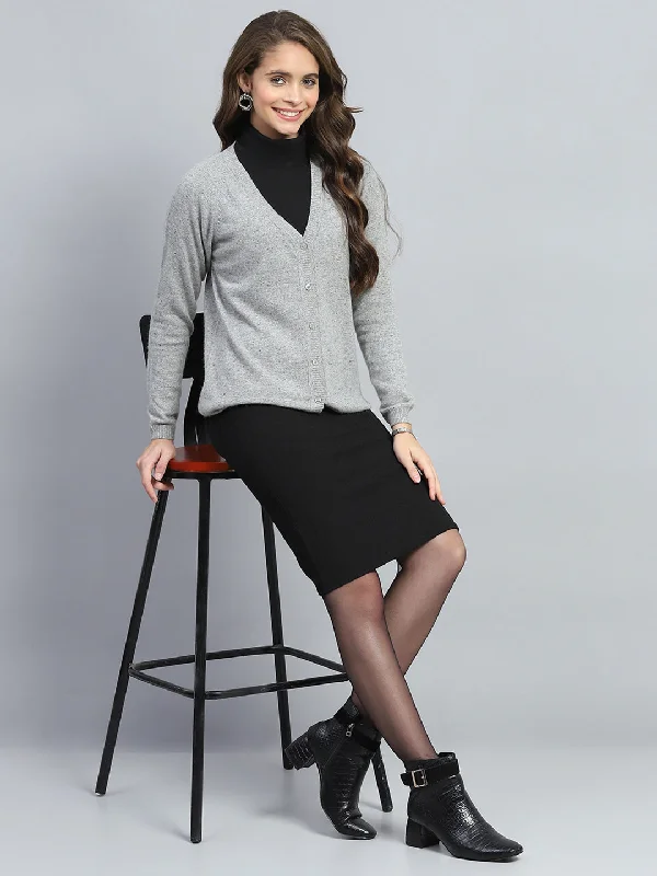 Thick red cardigan -Women Grey Solid V Neck Full Sleeve Cardigan