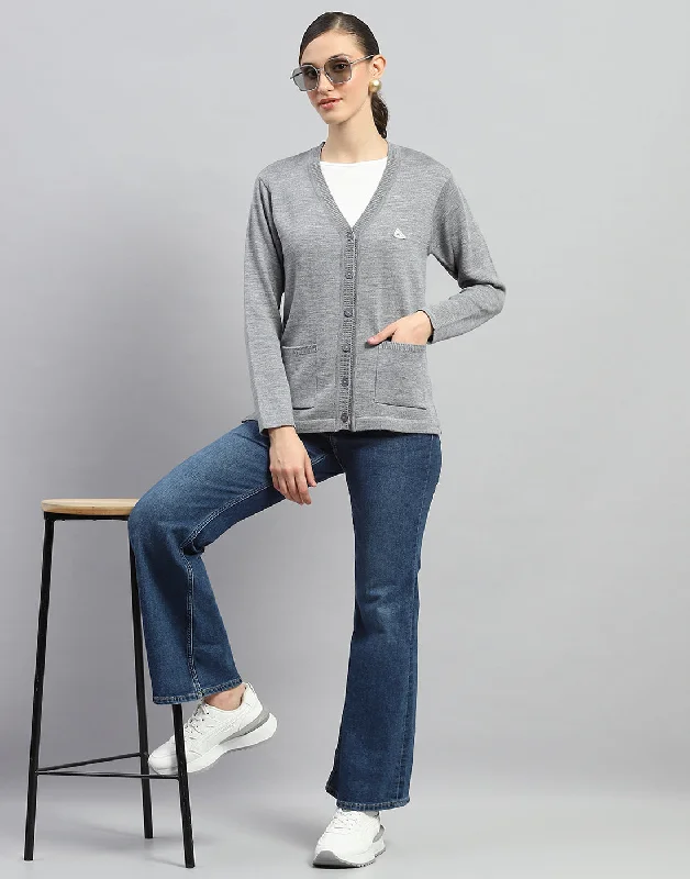 Women’s red cardigan -Women Grey Solid V Neck Full Sleeve Cardigan