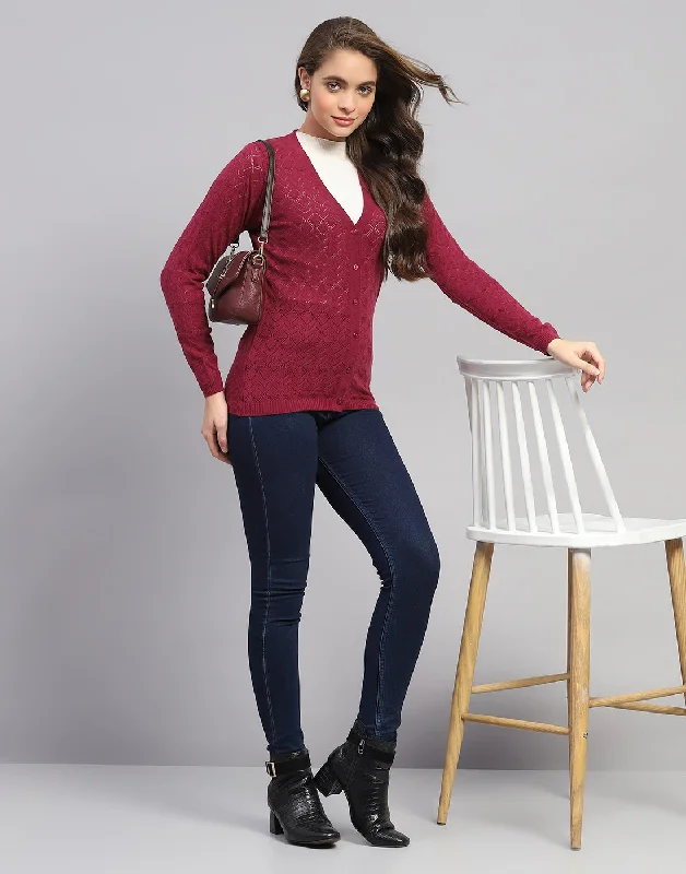 Midi black cardigan -Women Maroon Self Design V Neck Full Sleeve Cardigan