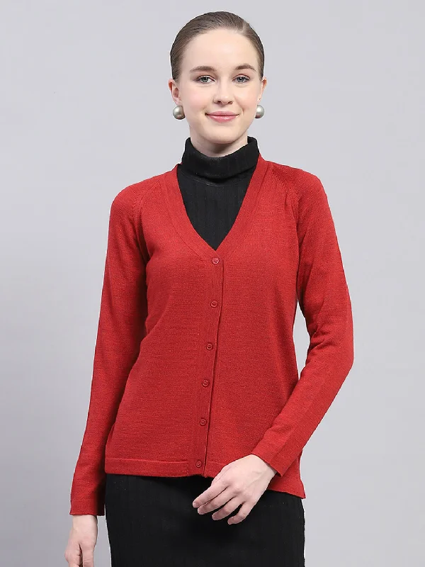 Cozy black cardigan -Women Maroon Solid V Neck Full Sleeve Cardigan