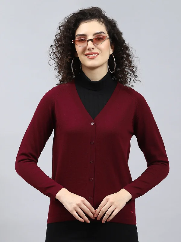 Patterned black cardigan -Women Maroon Solid V Neck Full Sleeve Cardigan