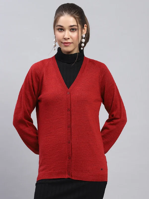 Closed grey cardigan -Women Maroon Solid V Neck Full Sleeve Cardigan