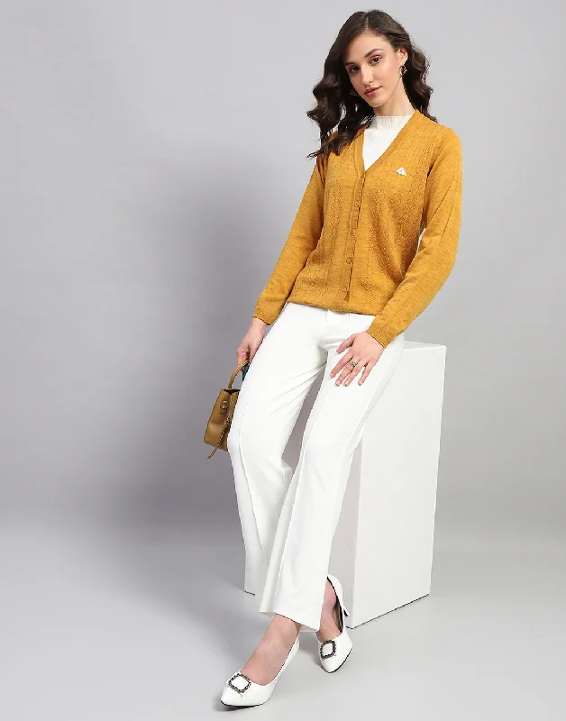 Soft grey cardigan -Women Mustard Self Design V Neck Full Sleeve Cardigan