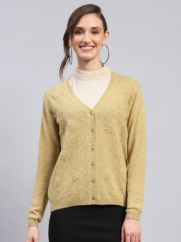 Cropped black cardigan -Women Mustard Self Design V Neck Full Sleeve Cardigan