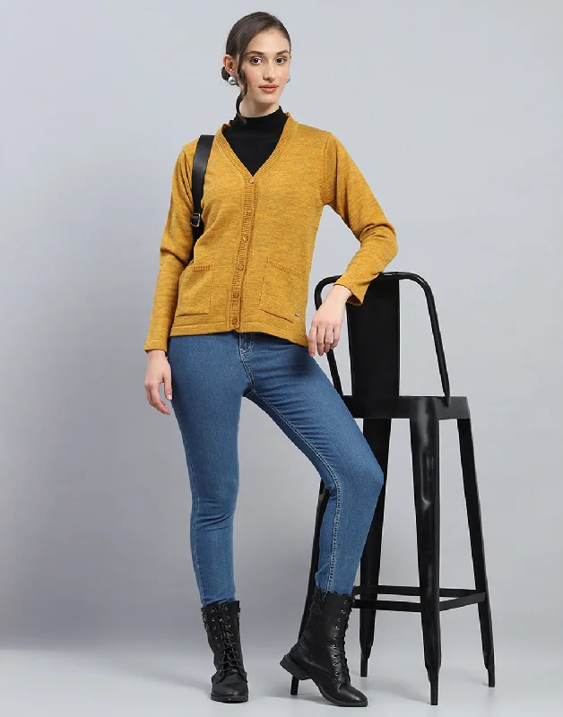 Boho style cardigan -Women Mustard Solid V Neck Full Sleeve Cardigan