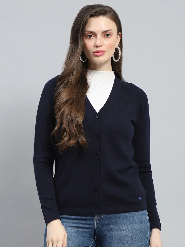 Closed black cardigan -Women Navy Blue Solid V Neck Full Sleeve Cardigan