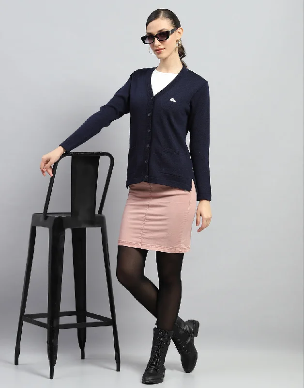 Button grey cardigan -Women Navy Blue Solid V Neck Full Sleeve Cardigan