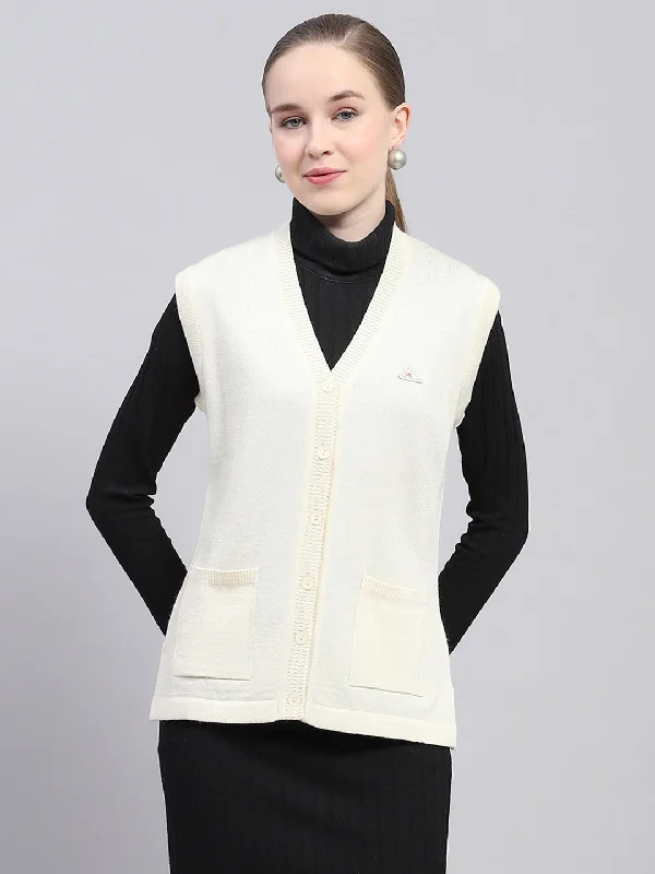 Striped black cardigan -Women Off White Solid V Neck Sleeveless Cardigan