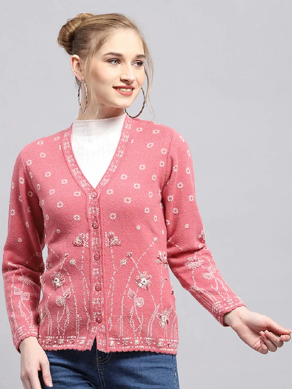 Extra long red cardigan -Women Pink Self Design V Neck Full Sleeve Cardigan