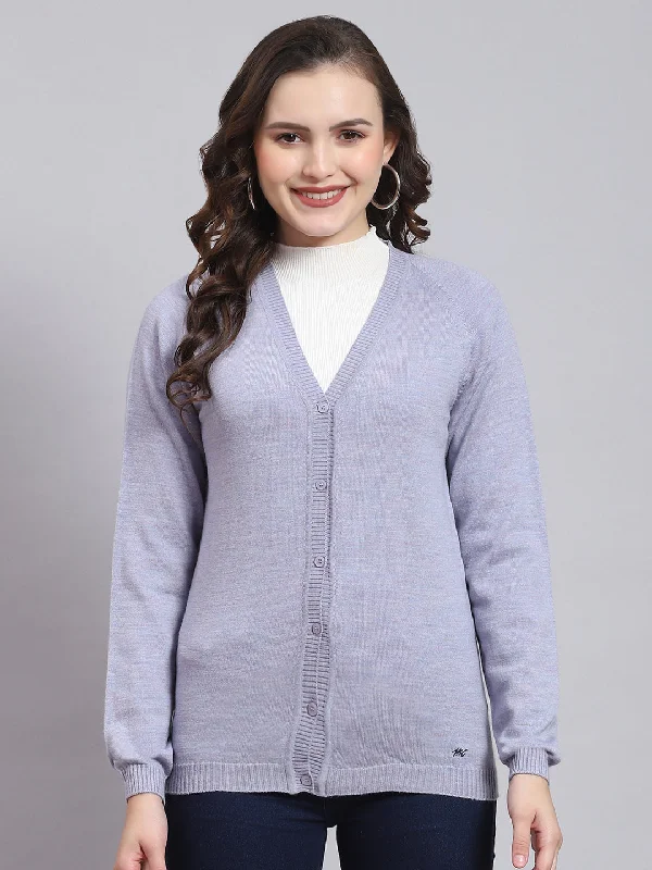 Striped white cardigan -Women Purple Solid V Neck Full Sleeve Cardigan