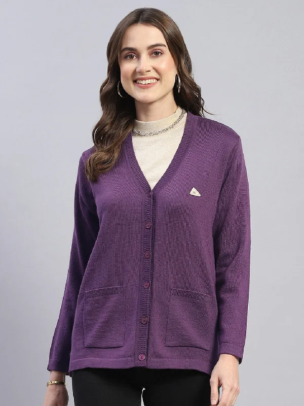 Trendy red cardigan -Women Purple Solid V Neck Full Sleeve Cardigan