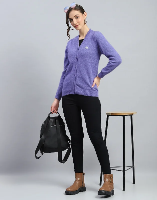 Casual open-front cardigan -Women Purple Solid V Neck Full Sleeve Cardigan