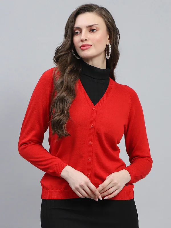 Ribbed red cardigan -Women Red Solid V Neck Full Sleeve Cardigan