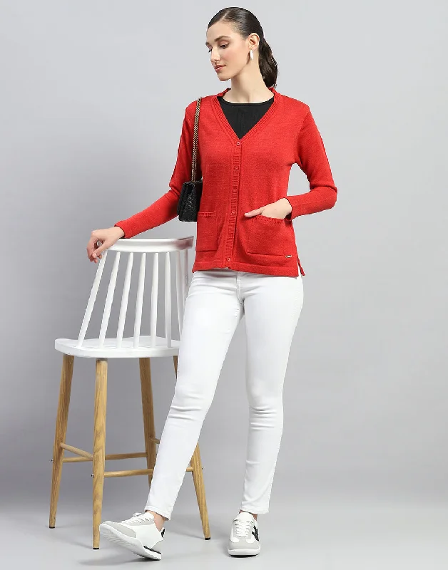 Short sleeve cardigan -Women Red Solid V Neck Full Sleeve Cardigan