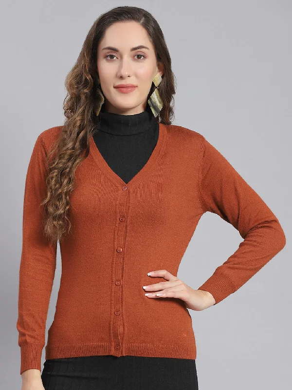 Heavy black cardigan -Women Rust Solid V Neck Full Sleeve Cardigan