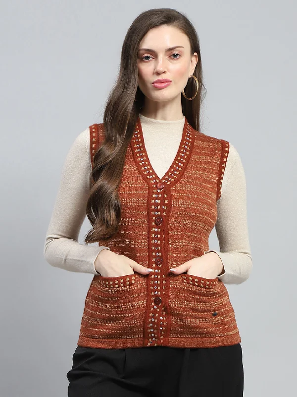 Boho grey cardigan -Women Rust Stripe V Neck Sleeveless Cardigan