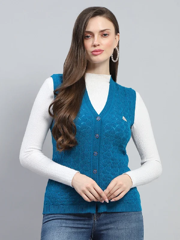 Ribbed grey cardigan -Women Sky Blue Self Design V Neck Sleeveless Cardigan