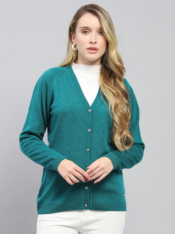 Plain grey cardigan -Women Teal Blue Solid V Neck Full Sleeve Cardigan