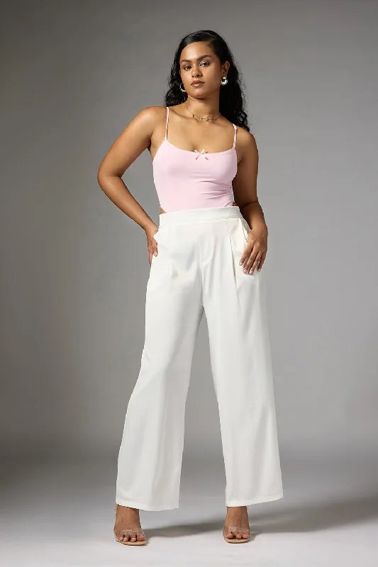 Student casual pants study -Off White Satin Straight Korean Pants