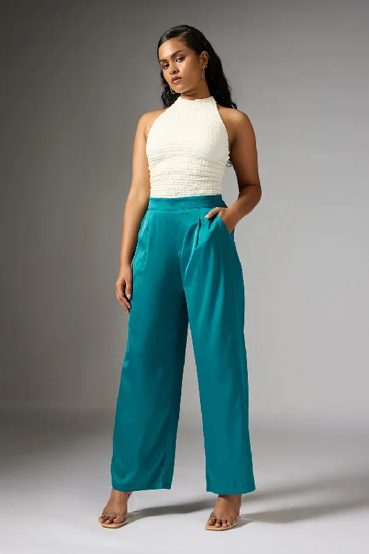 Flower blooming pants spring -Opal Green Satin Straight Korean Pants