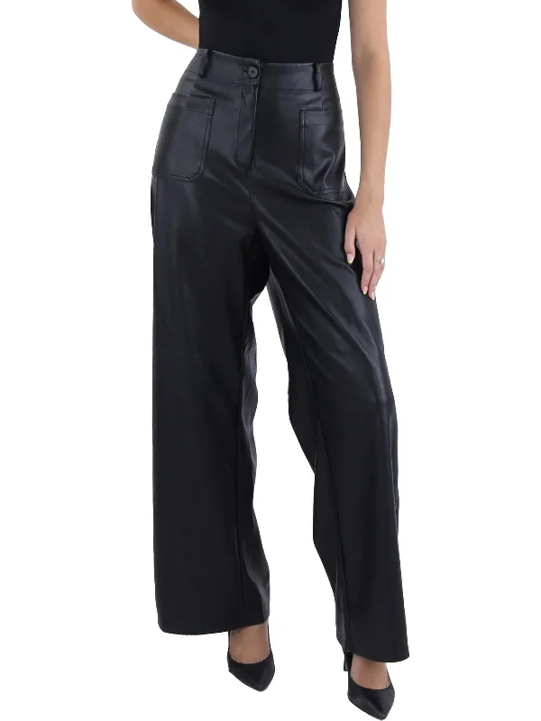 Fan pants cheer -Reeve Womens Faux Leather High Rise Wide Leg Pants