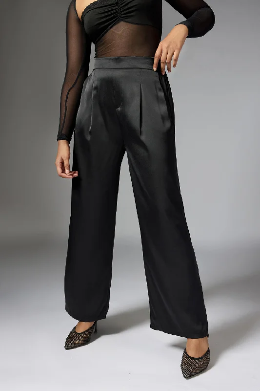 Casual pants chill -Shadow Black Satin Straight Korean Pants