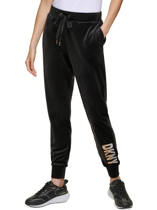 Track grey pants sporty -Womens Velour Sequined Logo Jogger Pants